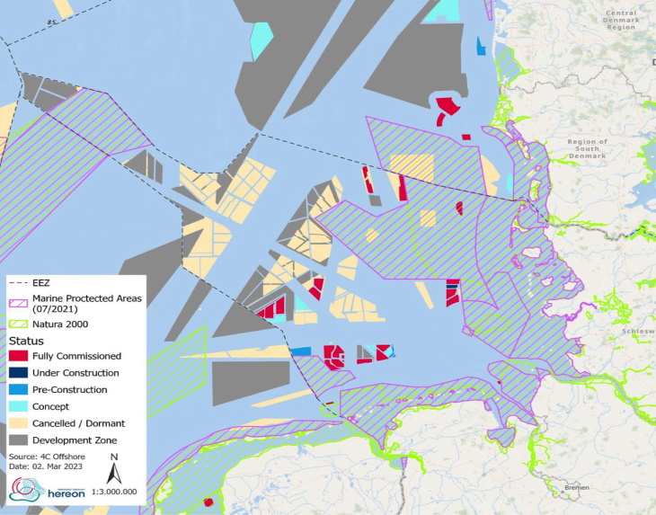 Map of Northern German coast with wind park areas in the North Sea